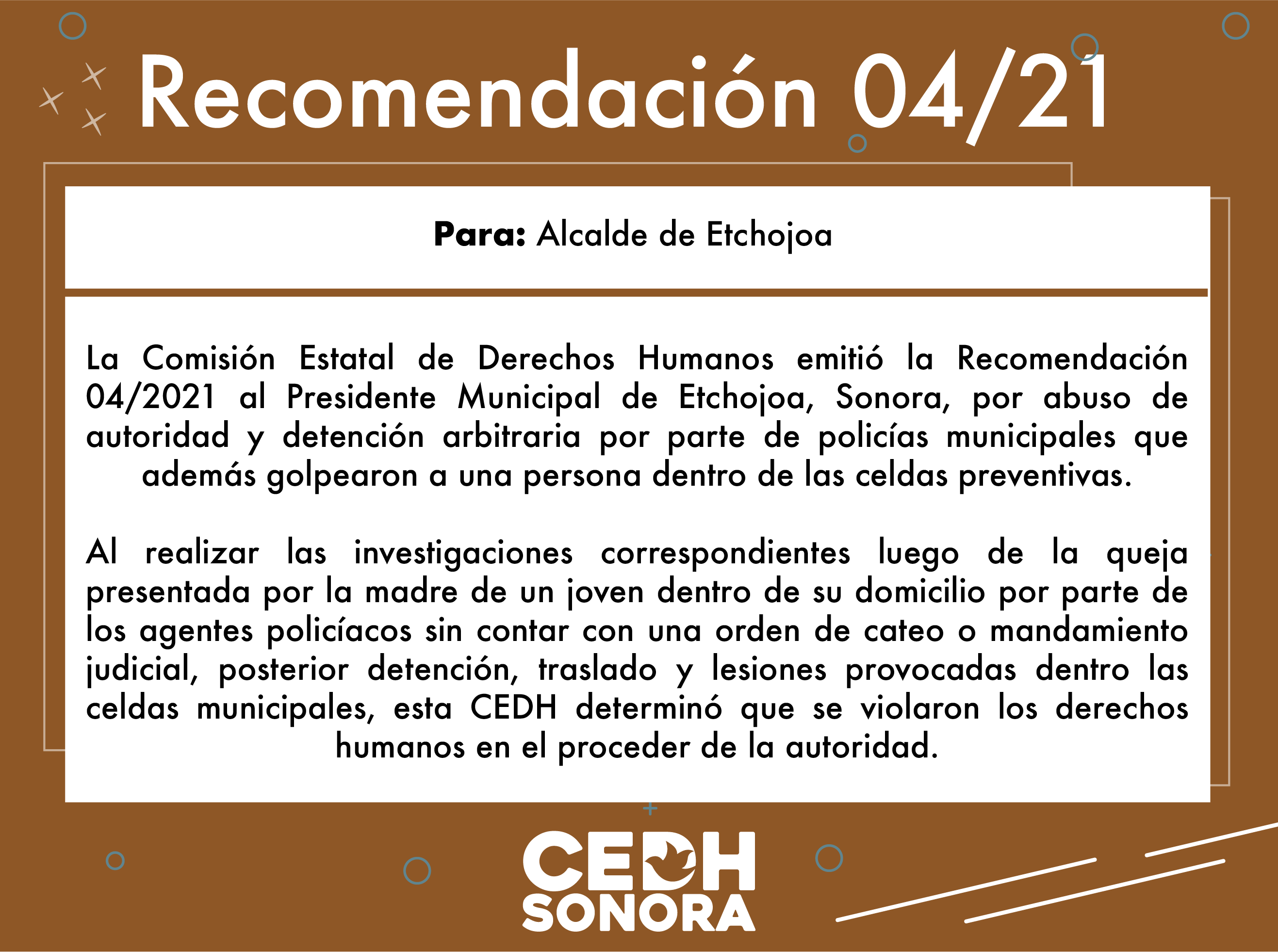 Emite CEDH Recomendación 04/2021 a Alcalde de Etchojoa